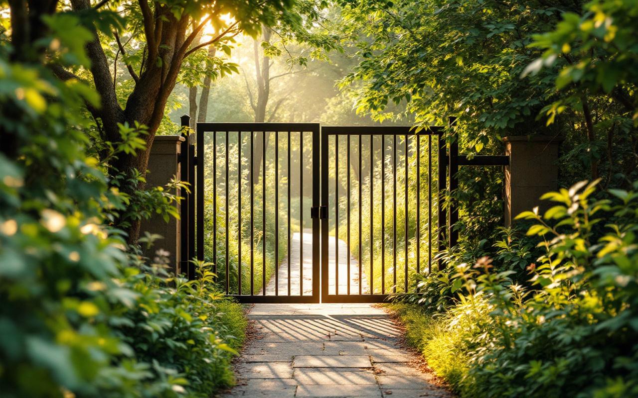 Un portillon en aluminium glissant sur un sentier étroit, entouré de verdure, avec la lumière douce du soleil filtrant à travers les arbres, créant une ambiance sereine.