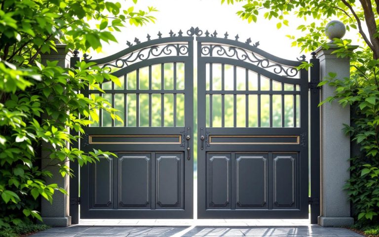 Image d'un portillon en aluminium traditionnel à deux vantaux, entouré d'un jardin verdoyant avec des rayons de soleil qui filtrent à travers les feuilles.