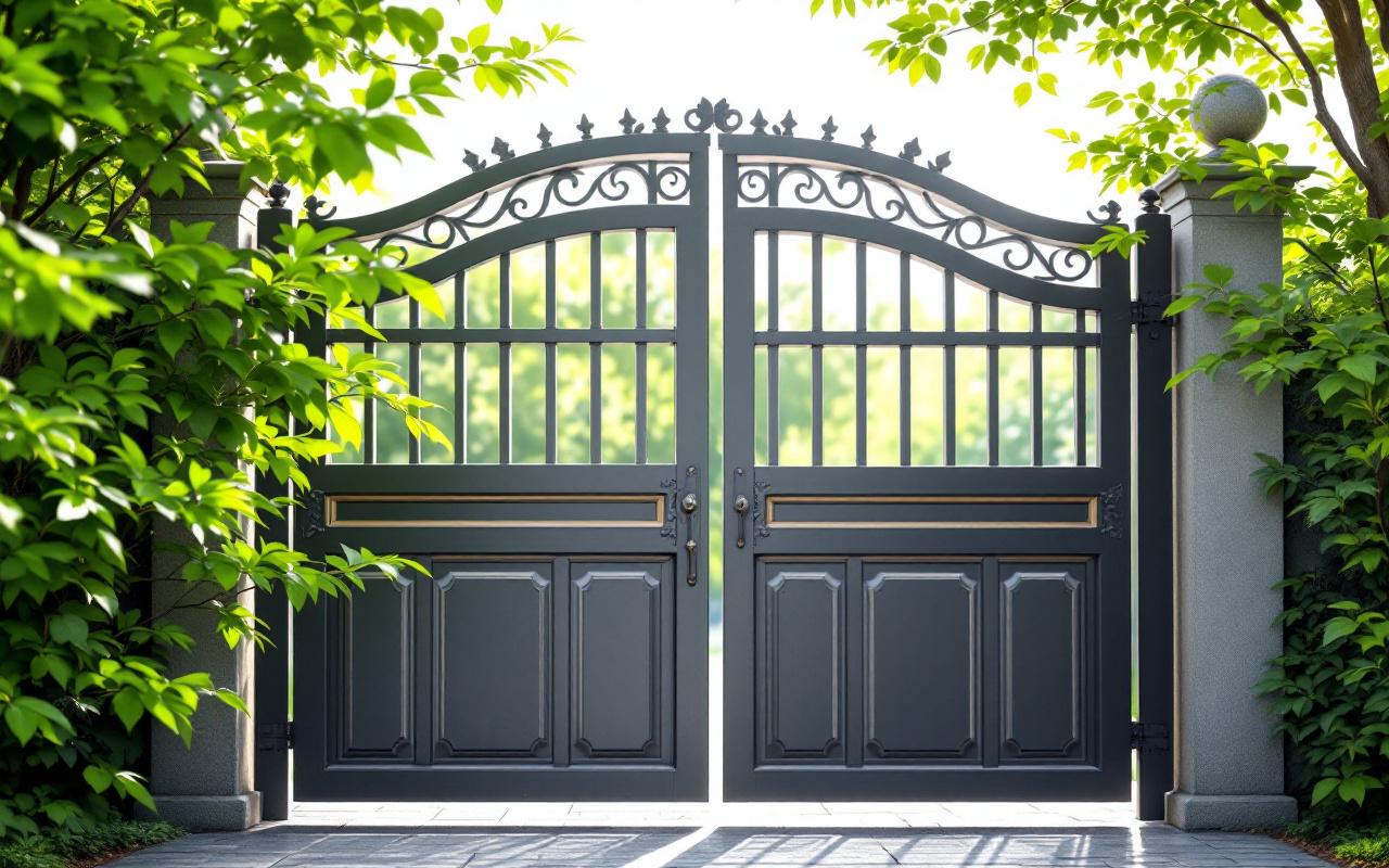 Image d'un portillon en aluminium traditionnel à deux vantaux, entouré d'un jardin verdoyant avec des rayons de soleil qui filtrent à travers les feuilles.