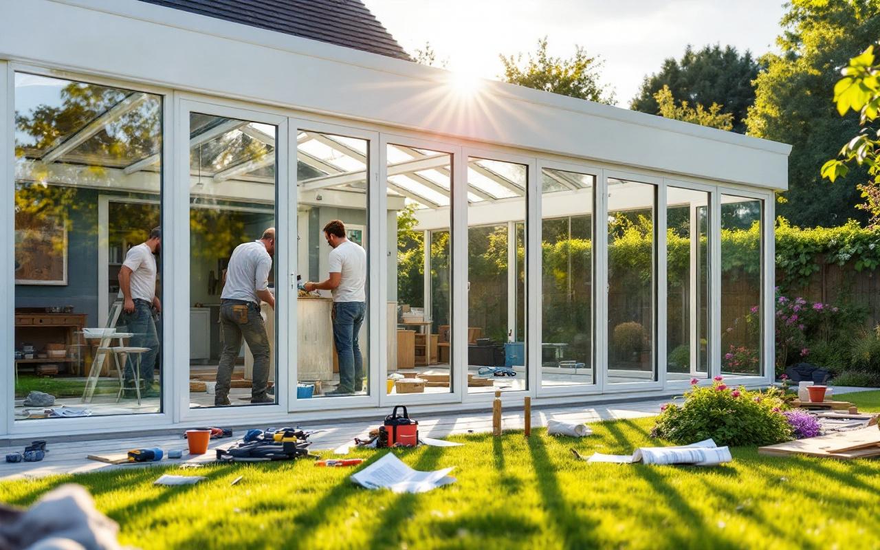 Photo réaliste montrant l'assemblage d'une véranda en kit PVC dans un jardin : ouvriers installant cadres blancs et vitrages, outils éparpillés sur la pelouse verte, massifs de fleurs en arrière-plan, lumière chaude et volumétrique du soir.