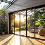 Véranda en aluminium avec grandes portes coulissantes vitrées, intérieur moderne et naturel, sol en bois et plantes, lumière douce de coucher de soleil filtrant à travers le verre, reflets brillants et atmosphère chaleureuse.