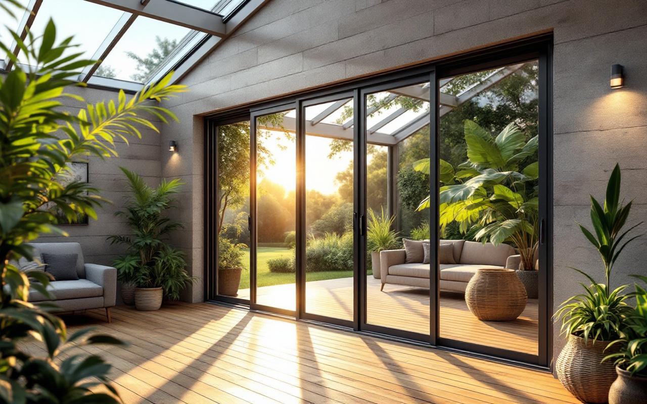Véranda en aluminium avec grandes portes coulissantes vitrées, intérieur moderne et naturel, sol en bois et plantes, lumière douce de coucher de soleil filtrant à travers le verre, reflets brillants et atmosphère chaleureuse.
