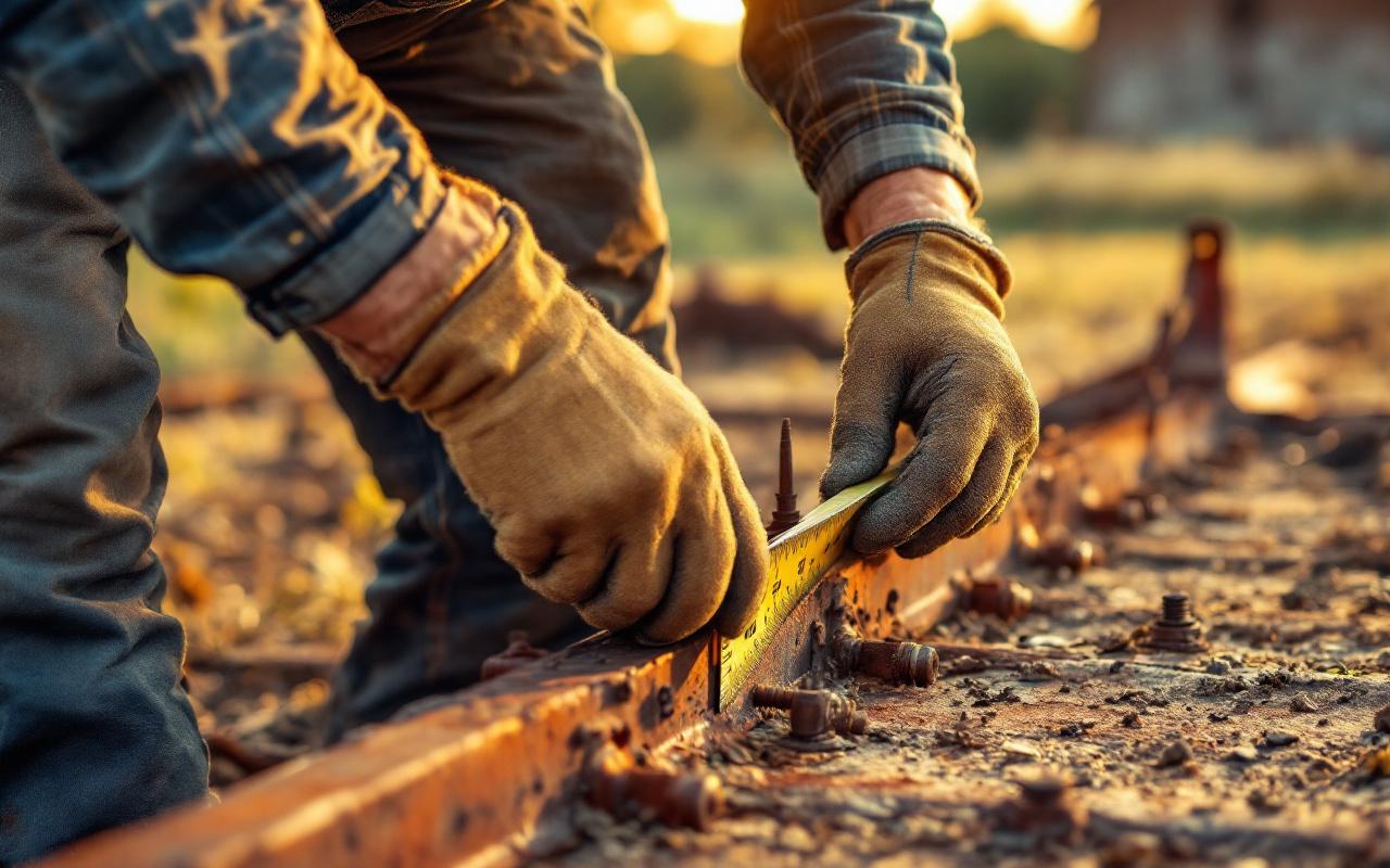 Un fermier mesure l'espacement des boulons sur une vieille charrue rouillée, gros plan sur ses mains tenant un ruban à mesurer, arrière-plan de ferme avec grange et champs sous une lumière dorée de coucher de soleil, tons terreux.