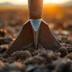 Gros plan d'un soc de charrue avec une pointe en carbure, métal usé et arête tranchante, sol boueux flou en arrière-plan, lumière chaude de coucher de soleil et reflets brillants.