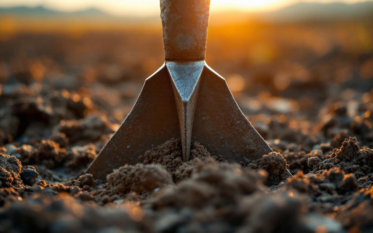 Gros plan d'un soc de charrue avec une pointe en carbure, métal usé et arête tranchante, sol boueux flou en arrière-plan, lumière chaude de coucher de soleil et reflets brillants.