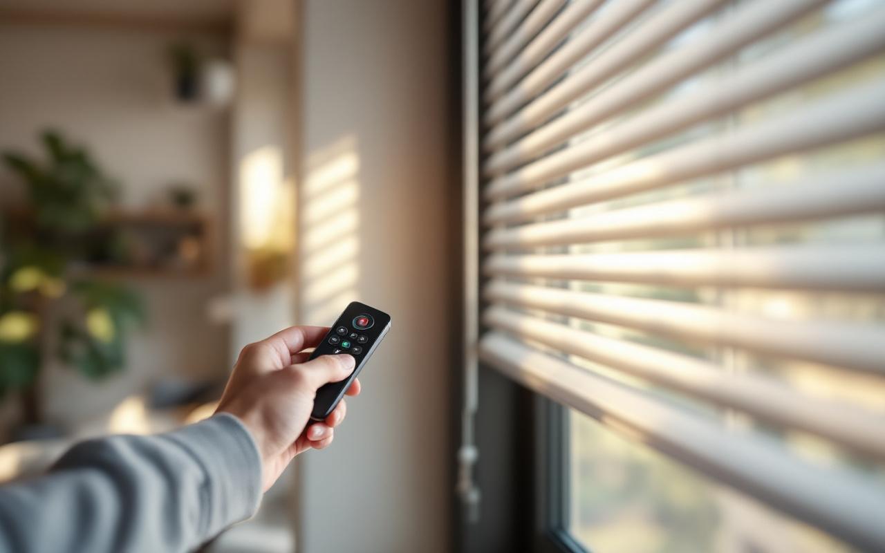 Volet roulant motorisé près d'une fenêtre, télécommande à portée de main, gros plan sur le mécanisme en aluminium, lumière naturelle volumétrique du matin, intérieur moderne aux tons neutres blancs et gris avec accents bois.