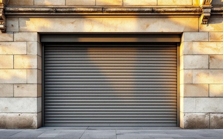 Façade en pierre avec volets roulants modernes en métal encastrés sous un linteau, textures de pierre et joints visibles, éclairage doux de coucher de soleil créant reflets métalliques et ombres subtiles