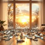 Fenêtre cassée dans un salon moderne, éclats de verre éparpillés sur le sol en bois, lumière chaude du coucher de soleil traversant la pièce, mobilier contemporain et reflets sur les fragments de verre.