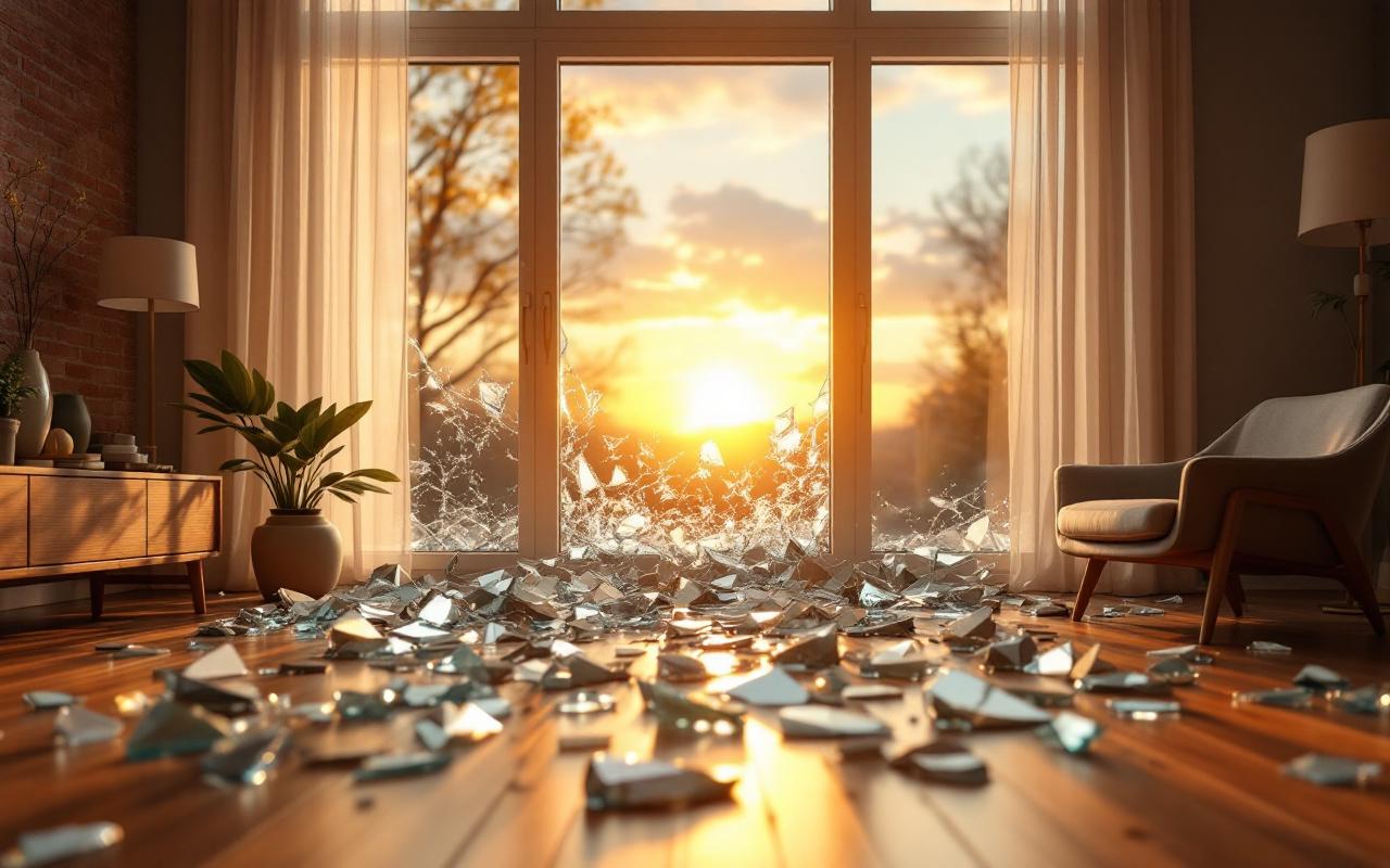 Fenêtre cassée dans un salon moderne, éclats de verre éparpillés sur le sol en bois, lumière chaude du coucher de soleil traversant la pièce, mobilier contemporain et reflets sur les fragments de verre.