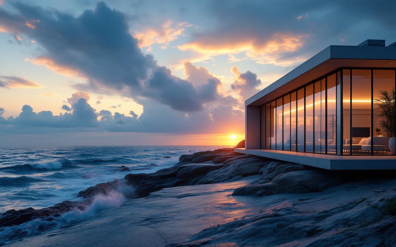 Maison en bord de mer avec larges fenêtres vitrées reflétant le ciel au coucher du soleil, architecture moderne minimaliste sur une falaise, vagues douces et lumière volumétrique dorée aux tons bleus profonds.