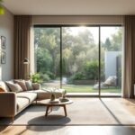 Salon moderne lumineux avec grandes baies vitrées coulissantes ouvertes sur un jardin verdoyant, mobilier minimaliste en bois, tons neutres gris et beige avec touches de vert, lumière matinale douce créant des rayons volumétriques.