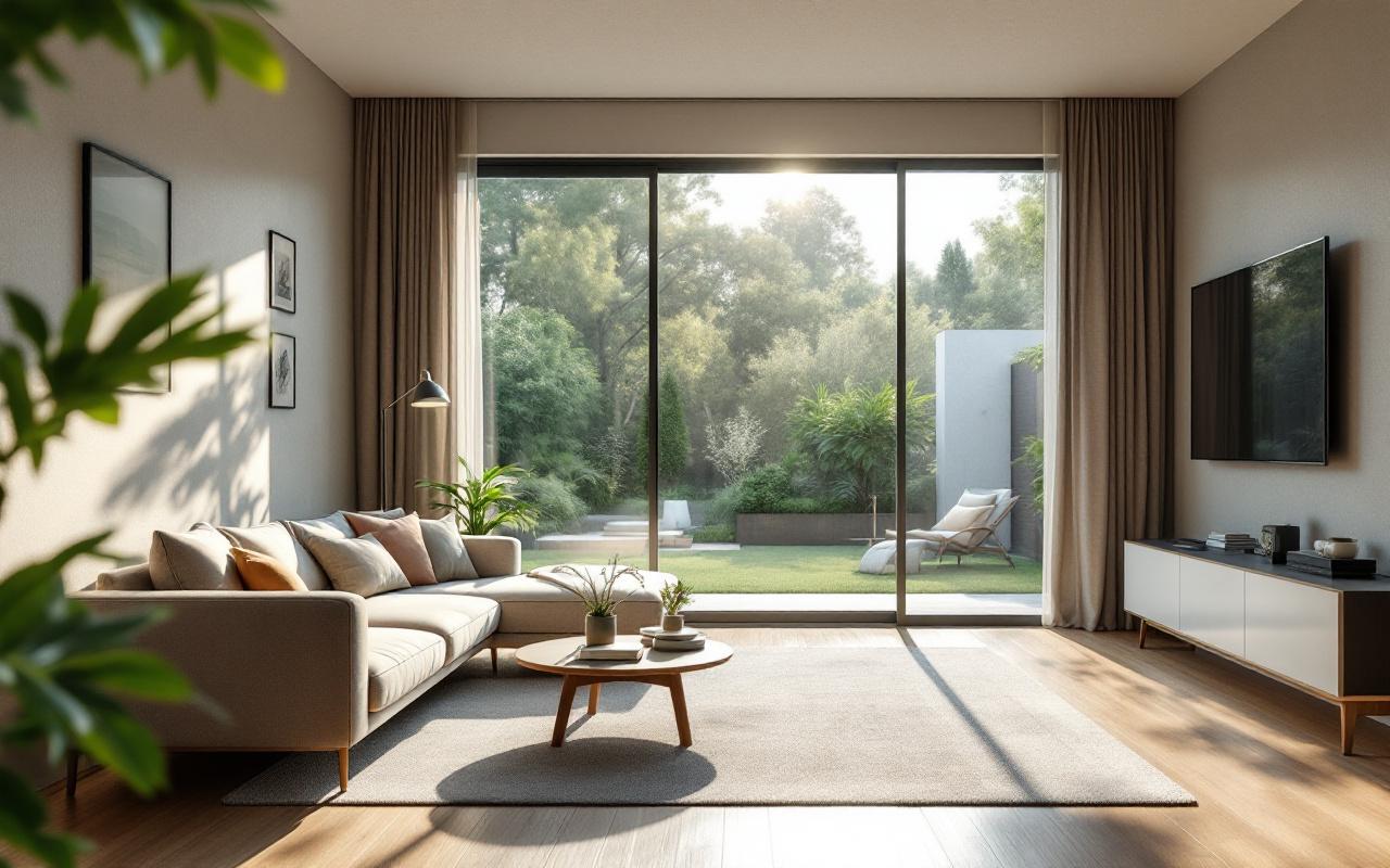 Salon moderne lumineux avec grandes baies vitrées coulissantes ouvertes sur un jardin verdoyant, mobilier minimaliste en bois, tons neutres gris et beige avec touches de vert, lumière matinale douce créant des rayons volumétriques.