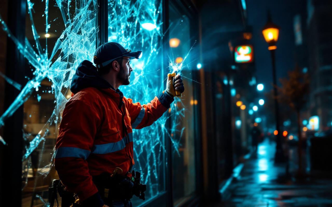 Un vitrier d'urgence répare une porte vitrée brisée la nuit. Il porte un gilet réfléchissant et une lampe frontale, utilise des ventouses et des outils sous un réverbère qui projette une lumière volumétrique chaude sur le trottoir humide.