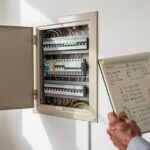 Tableau électrique ouvert avec disjoncteurs visibles et calcul de puissance sur carnet