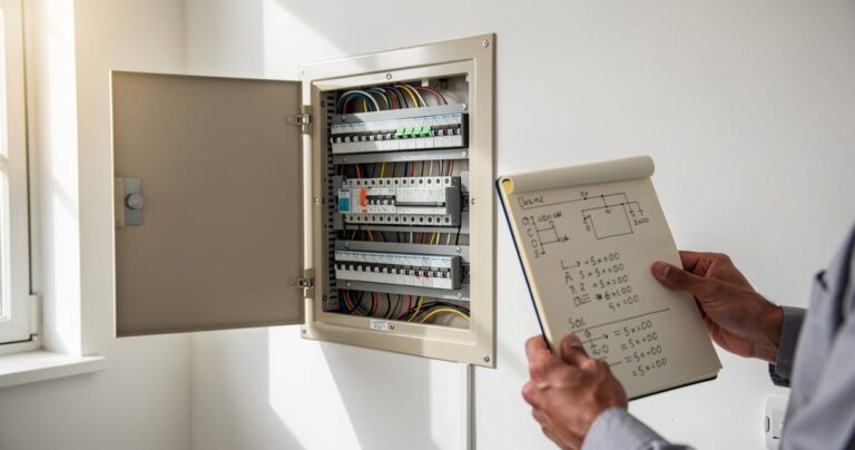 Tableau électrique ouvert avec disjoncteurs visibles et calcul de puissance sur carnet