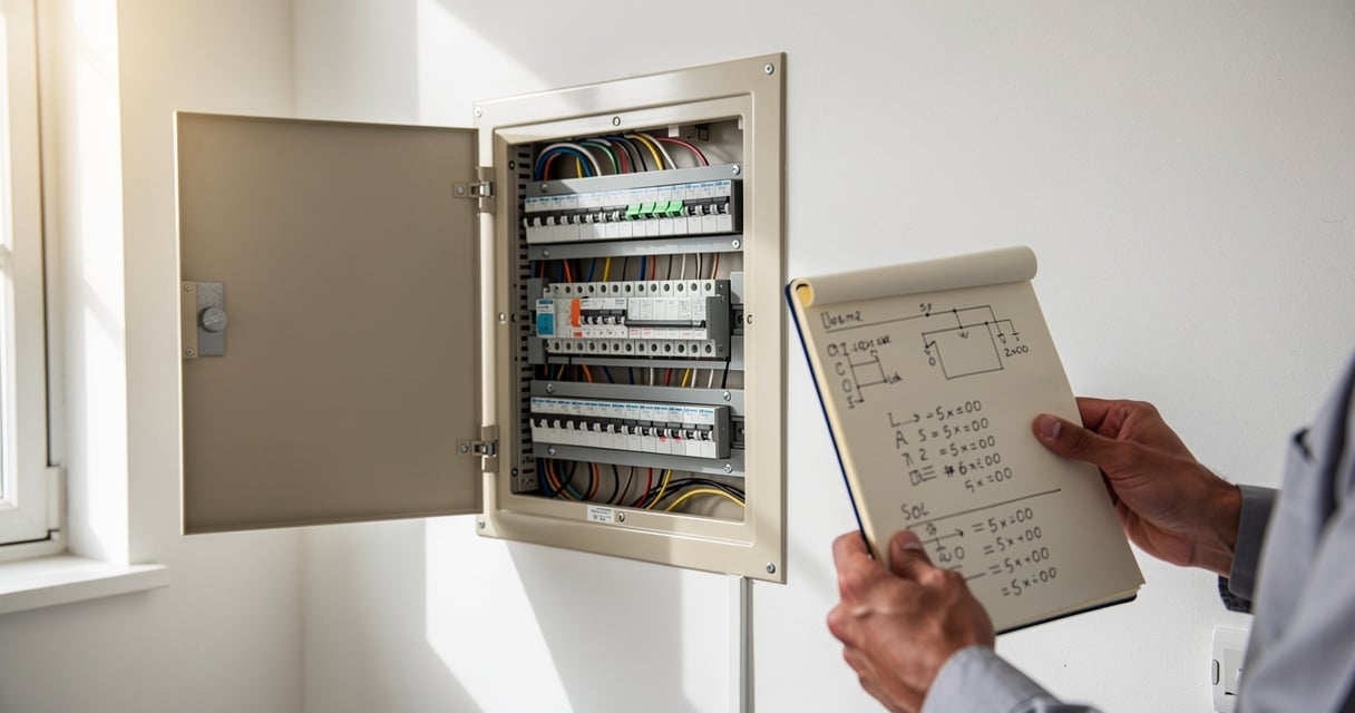 Tableau électrique ouvert avec disjoncteurs visibles et calcul de puissance sur carnet