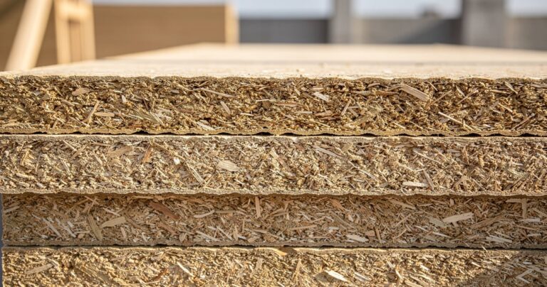 Panneaux de fibre de bois empilés sur un chantier d'isolation thermique