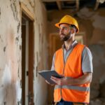 Un ingénieur en casque et gilet de sécurité examine des murs fissurés et des montants apparents d'une vieille maison avant démolition, poussière en suspension et lumière matinale douce et volumétrique.