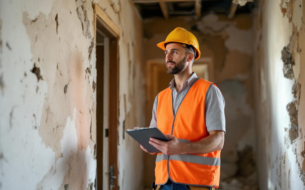 Un ingénieur en casque et gilet de sécurité examine des murs fissurés et des montants apparents d'une vieille maison avant démolition, poussière en suspension et lumière matinale douce et volumétrique.