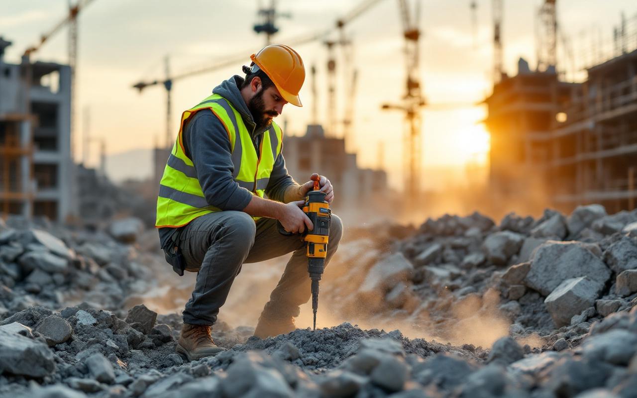 Ouvrier du bâtiment en gilet haute visibilité et casque prélevant un échantillon de béton sur un chantier de démolition poussiéreux, débris et grues en arrière-plan, lumière dorée de coucher de soleil.