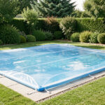 Piscine rectangulaire extérieure recouverte d’une bâche à bulles bleue translucide, dans un jardin familial soigneusement entretenu et baigné d’un soleil doux.