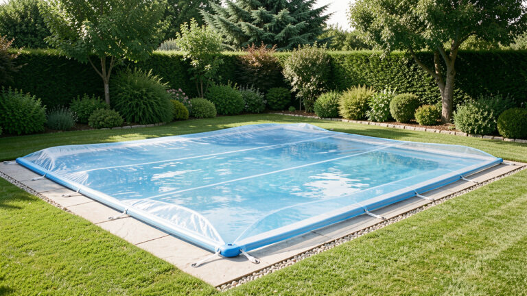 Piscine rectangulaire extérieure recouverte d’une bâche à bulles bleue translucide, dans un jardin familial soigneusement entretenu et baigné d’un soleil doux.