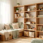 Chambre d’enfant lumineuse et évolutive avec rangements en bois, coin lecture douillet et décoration douce aux tons naturels.