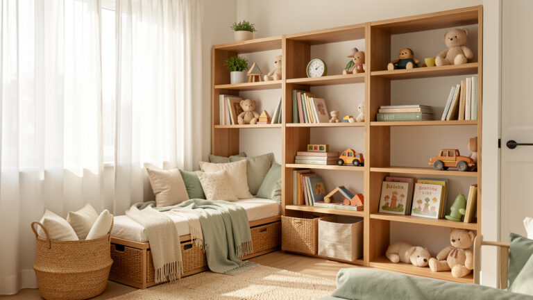 Chambre d’enfant lumineuse et évolutive avec rangements en bois, coin lecture douillet et décoration douce aux tons naturels.