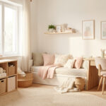 Chambre d’enfant lumineuse et évolutive avec rangements bas, coin lecture, bureau en bois et décoration douce aux couleurs pastel.