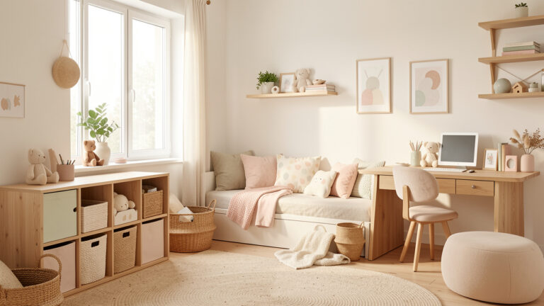 Chambre d’enfant lumineuse et évolutive avec rangements bas, coin lecture, bureau en bois et décoration douce aux couleurs pastel.