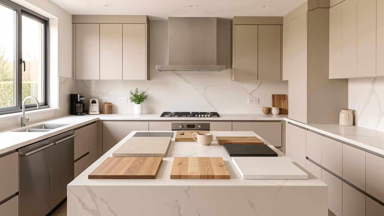 Cuisine rénovée et lumineuse présentant plusieurs échantillons de plans de travail en inox, bois massif, stratifié et céramique sur un îlot central.