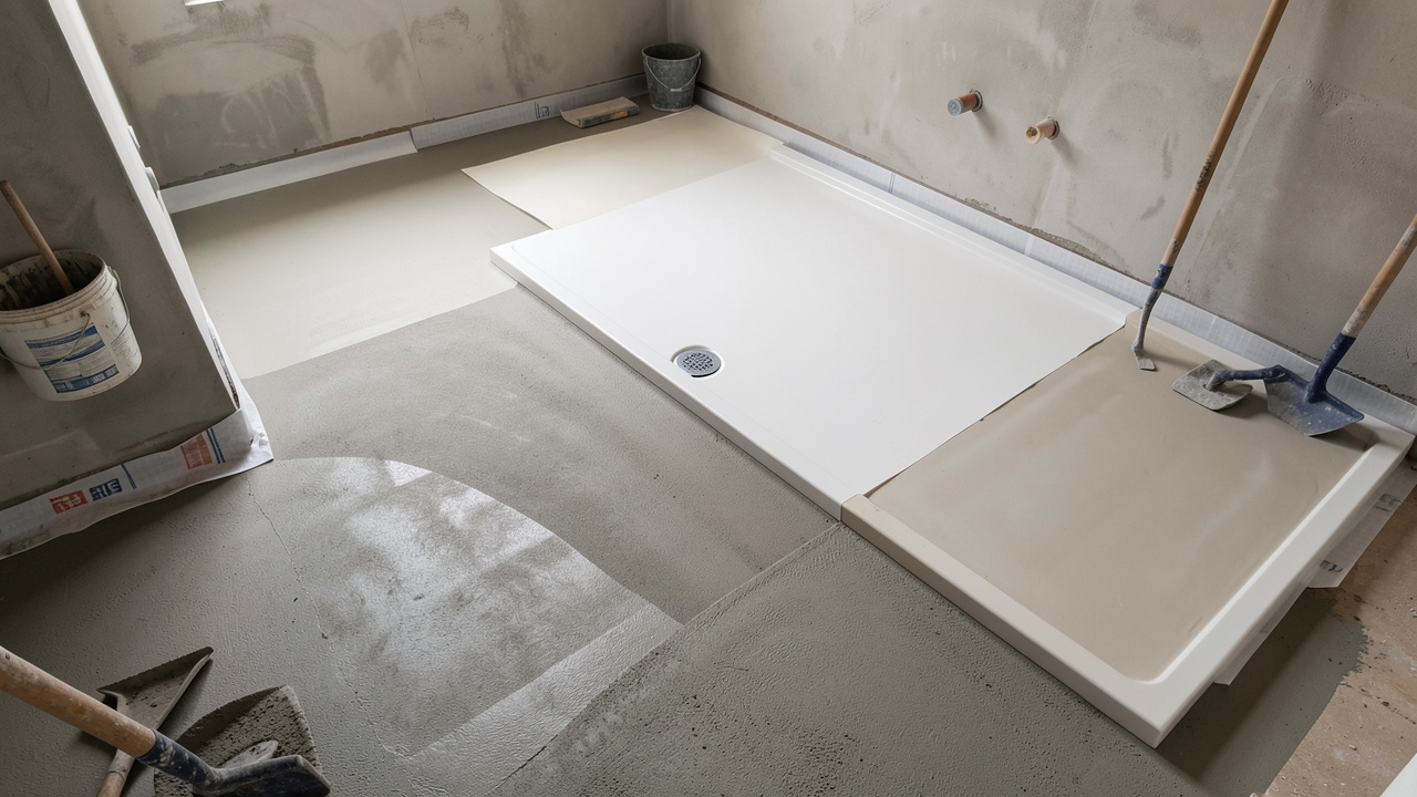 Receveur de douche blanc posé à côté d’une chape ciment neuve en cours de séchage dans une salle de bains en rénovation.
