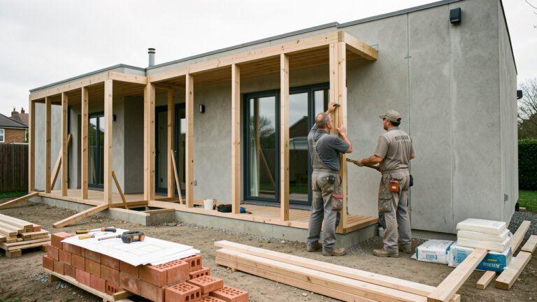 Extension contemporaine en construction accolée à une maison, avec deux artisans, des matériaux et des dessins architecturaux éclairés par la lumière naturelle.