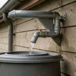 Récupérateur d’eau de pluie installé sur une gouttière fixée contre le mur d’une maison, avec un tuyau dirigeant l’eau vers un réservoir couvert.