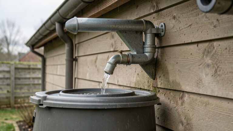Récupérateur d’eau de pluie installé sur une gouttière fixée contre le mur d’une maison, avec un tuyau dirigeant l’eau vers un réservoir couvert.