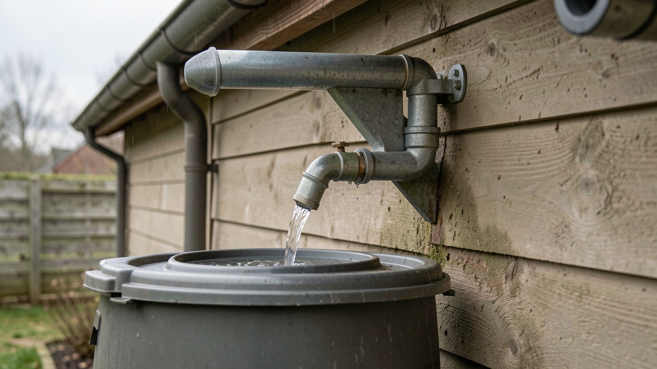 Récupérateur d’eau de pluie installé sur une gouttière fixée contre le mur d’une maison, avec un tuyau dirigeant l’eau vers un réservoir couvert.