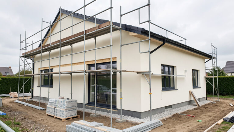 Maison contemporaine en rénovation extérieure avec échafaudage, façade isolée, nouvelles menuiseries et chantier propre.