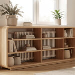 Meuble sur mesure en bois clair entourant un radiateur placé sous une fenêtre, avec rangements ouverts et aérations intégrées.