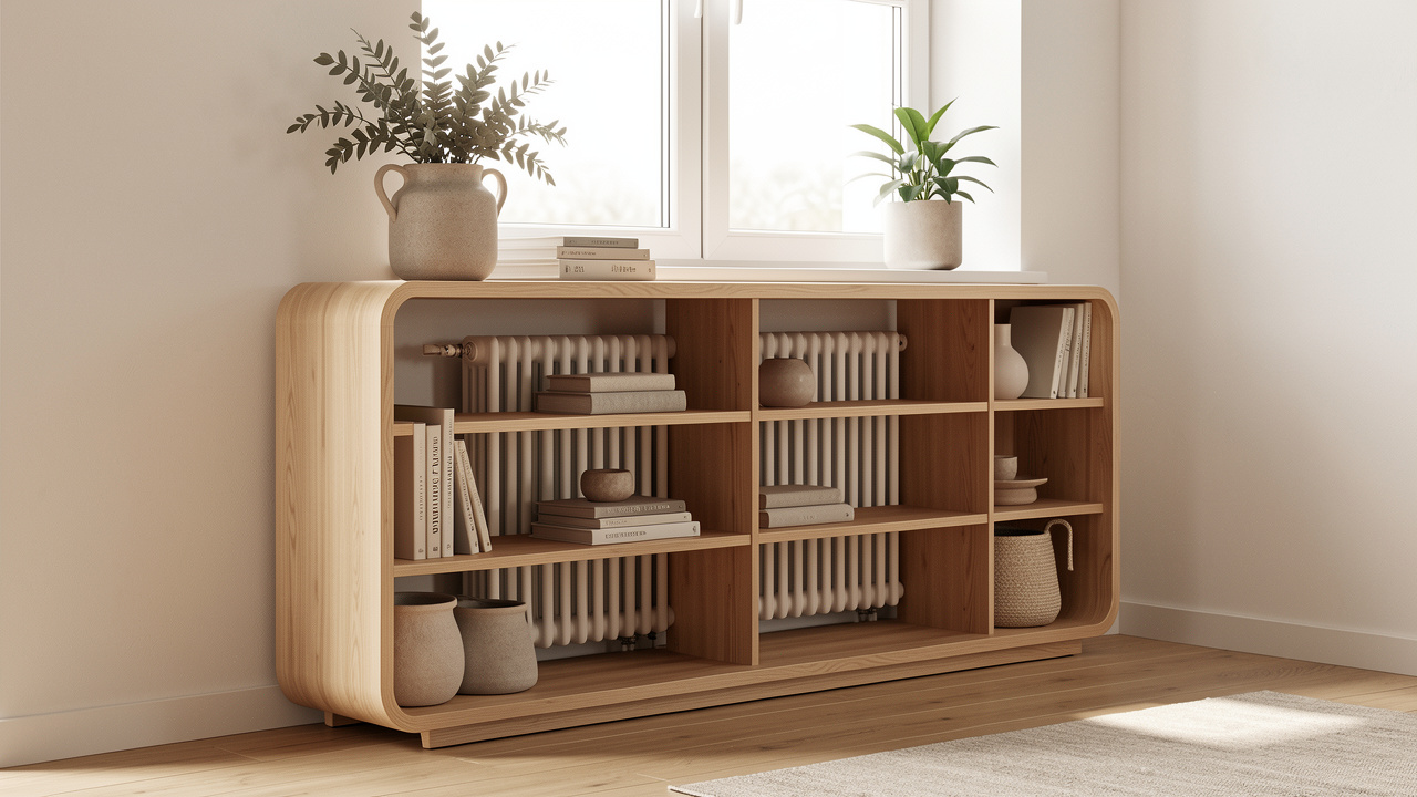 Meuble sur mesure en bois clair entourant un radiateur placé sous une fenêtre, avec rangements ouverts et aérations intégrées.