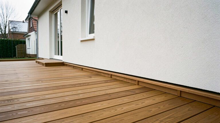 Terrasse en bois propre et bien drainée le long d’une façade claire, protégée de l’humidité hivernale.
