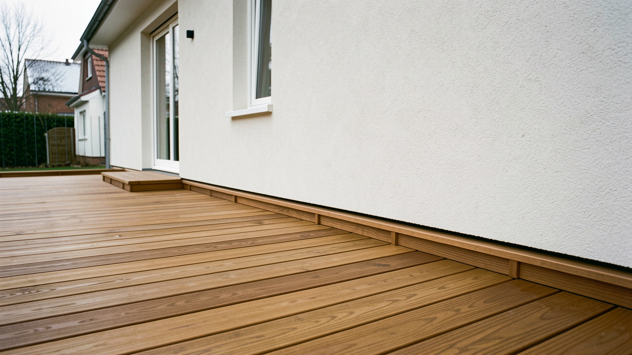 Terrasse en bois propre et bien drainée le long d’une façade claire, protégée de l’humidité hivernale.