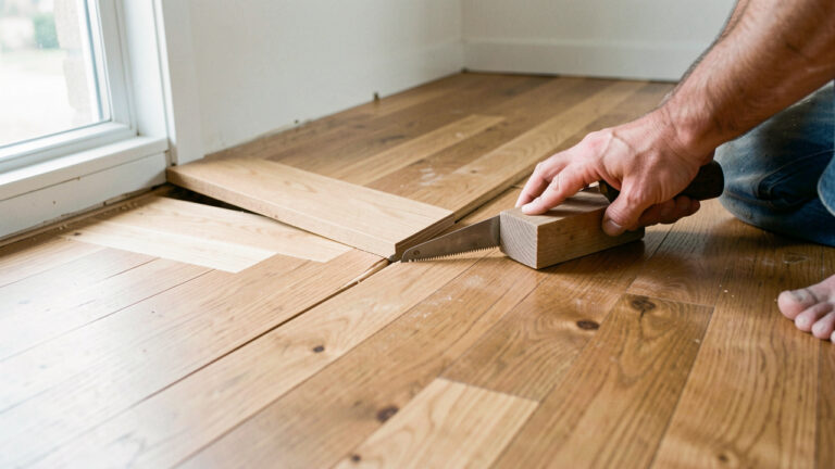 Vue rapprochée de deux parties de parquet en chêne raccordées après l’ouverture d’une cloison, avec des outils de menuiserie et des mains ajustant les lames.