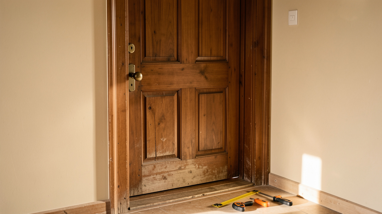 Remplacement soigneux d’une ancienne porte d’entrée par une nouvelle porte en bois parfaitement alignée, avec des outils de mesure disposés à proximité.