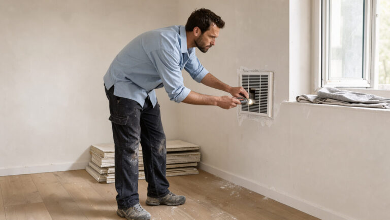 Un artisan vérifie une bouche de ventilation près d’une fenêtre ouverte dans un intérieur lumineux en rénovation.