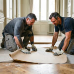 Deux artisans posent des protections sur le sol d’un couloir d’immeuble parisien avant des travaux.