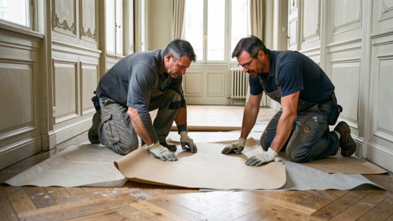 Deux artisans posent des protections sur le sol d’un couloir d’immeuble parisien avant des travaux.
