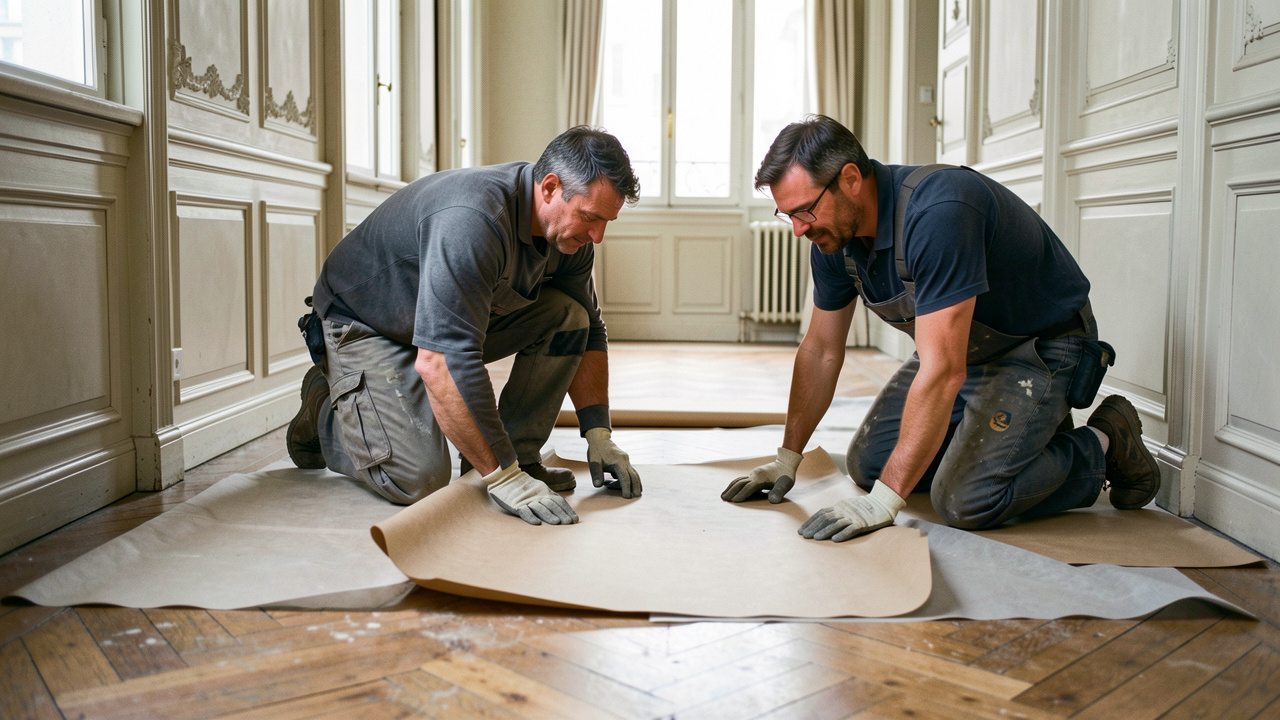 Deux artisans posent des protections sur le sol d’un couloir d’immeuble parisien avant des travaux.