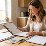 Femme relisant un dossier de rénovation de cuisine avec des échantillons de matériaux et un carnet de planification sur une table lumineuse.