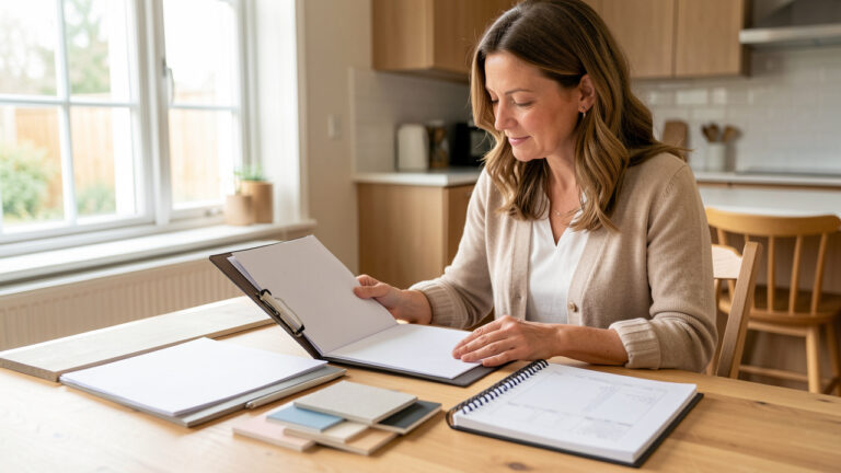 Femme relisant un dossier de rénovation de cuisine avec des échantillons de matériaux et un carnet de planification sur une table lumineuse.