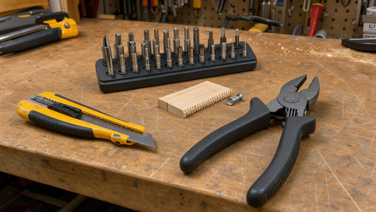 Établi de bricolage lumineux avec un cutter, un coffret d’embouts et une pince multiprise soigneusement disposés sur une surface en bois.